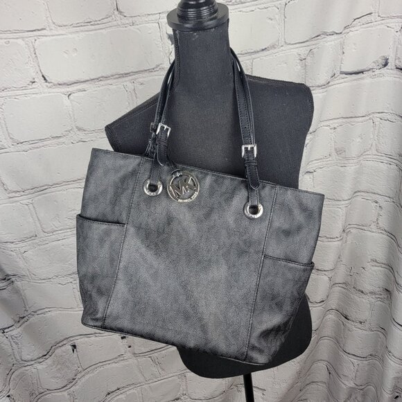 Michael‎ Kors Jet Set East West Signature Tote Black Logo Shoulder Purse Leather - Picture 1 of 12